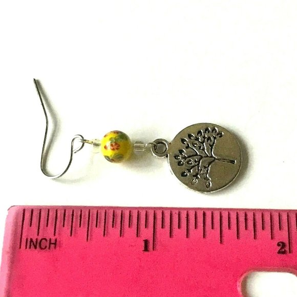 Celtic Tree of Life Murano Bead Earrings Yellow Red Silver Plated Vintage Beads - Picture 7 of 8